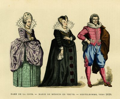 Portrait of Marie de Medicis 1573 1642 queen of France in a widow s habit surrounded by a lady of the court and a gentleman circa 1620