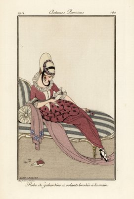 Woman in gaberdine dress with hand-embroidered frills. by Gerda Marie Frederike Wegener