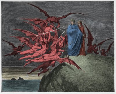 Inferno, Canto 21 : The demons threaten Virgil, illustration from "The Divine Comedy" by Dante Alighieri, 1885  by Gustave Dore