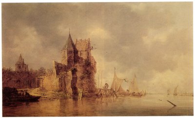 A medieval tower on a castle rampart with sailing ships at a jetty
