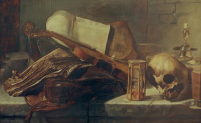 Still life with books, violin, skull and hourglass (#692682)