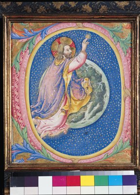 Historiated initial 'O' depicting God creating the stars