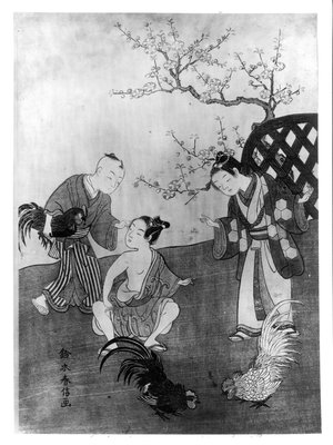The Cockfight Woodblock Print By Suzuki Harunobu
