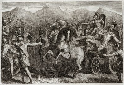Bible of Royaumont, Old Testament: Death of Ahab. Ahab (Akhab) waged war  against Syria, and was killed with a random arrow. Illustration from 1811.