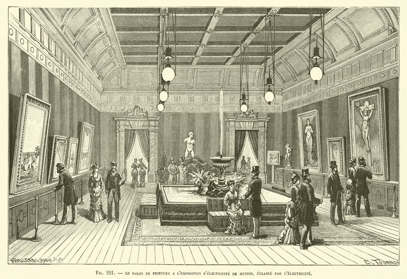 The Painting Salon at the Munich Electricity Exhibition, Lit by Electricity by French School