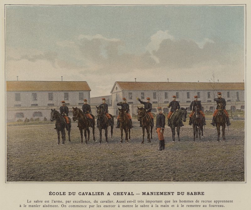 Cavalry School on Horseback, Saber Handling by (after) French Photographer