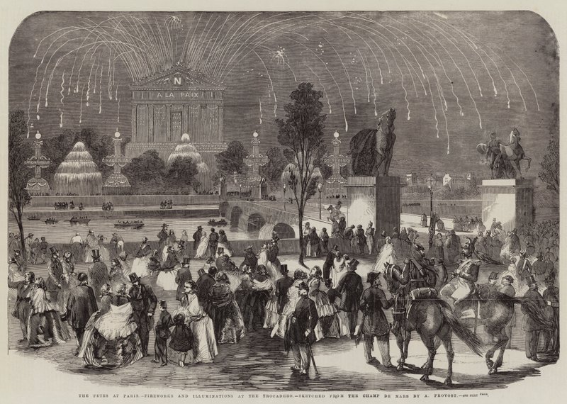 The Fetes at Paris, Fireworks and Illuminations at the Trocadero, Sketched from the Champ de Mars by A Provost