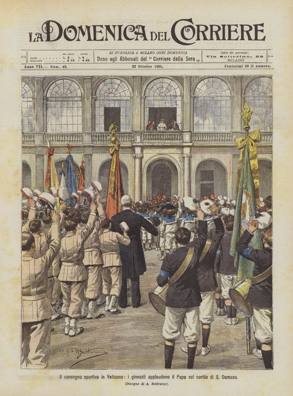 The Sports Meeting in the Vatican, Gymnasts Applaud the Pope in the Courtyard of St. Damasus by Achille Beltrame