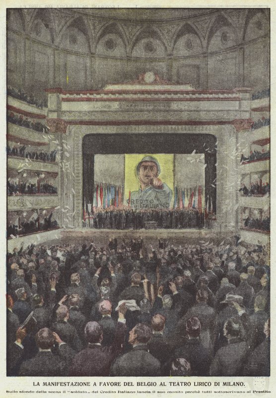 The Demonstration in Favor of Belgium at the Lyrical Theater of Milan by Achille Beltrame