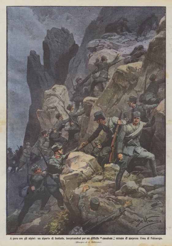 Competing with the Alpini, an Infantry Unit, Climbing a Difficult Ravine, Occupies by Achille Beltrame