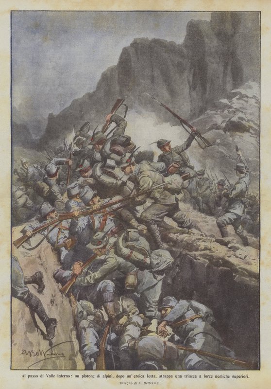 At the pass of Valle Inferno, a platoon of alpine troops, after a heroic fight, captures a trench by Achille Beltrame
