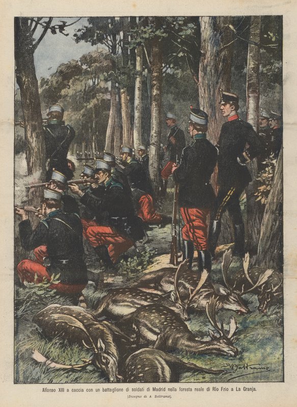 Alfonso XIII Hunting with a Battalion of Soldiers from Madrid in the Royal Forest of Rio Frio at La Granja by Achille Beltrame