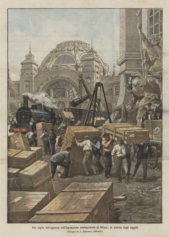 On the Eve of the Opening of the Milan International Exhibition, the Unloading of Objects by Achille Beltrame