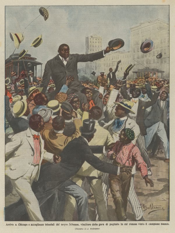 Arrival in Chicago and triumphant welcome of the black Johnson, winner of the boxing match by Achille Beltrame