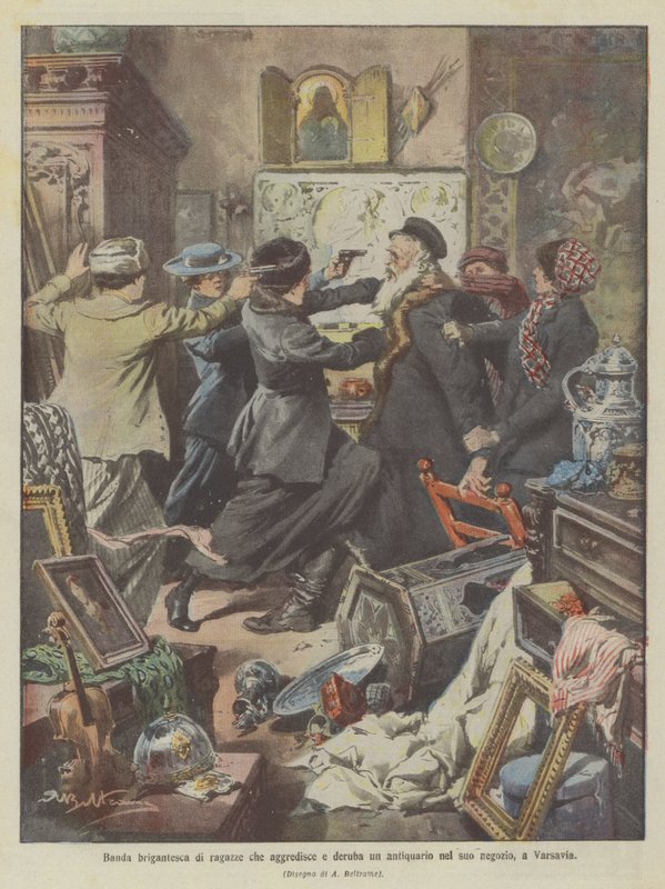 Band of Brigand Girls Attacks and Robs an Antique Dealer in His Shop in Warsaw by Achille Beltrame