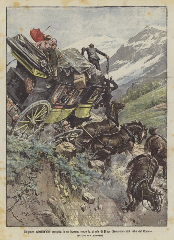 Swiss Stagecoach Plunges into a Ravine Along the Road from Brig (Simplon) to the Rhone Valley by Achille Beltrame