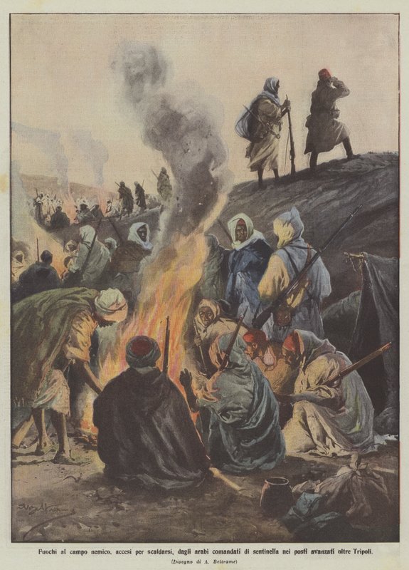 Fires at the Enemy Camp, Lit to Warm Up, by Arabs Commanded as Sentries in Advanced Posts Beyond Tripoli by Achille Beltrame