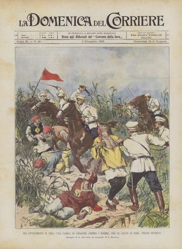 The Events in China, A Charge of Cossacks Against the Boxers, Among the Cornfields, Near Beijing by Achille Beltrame
