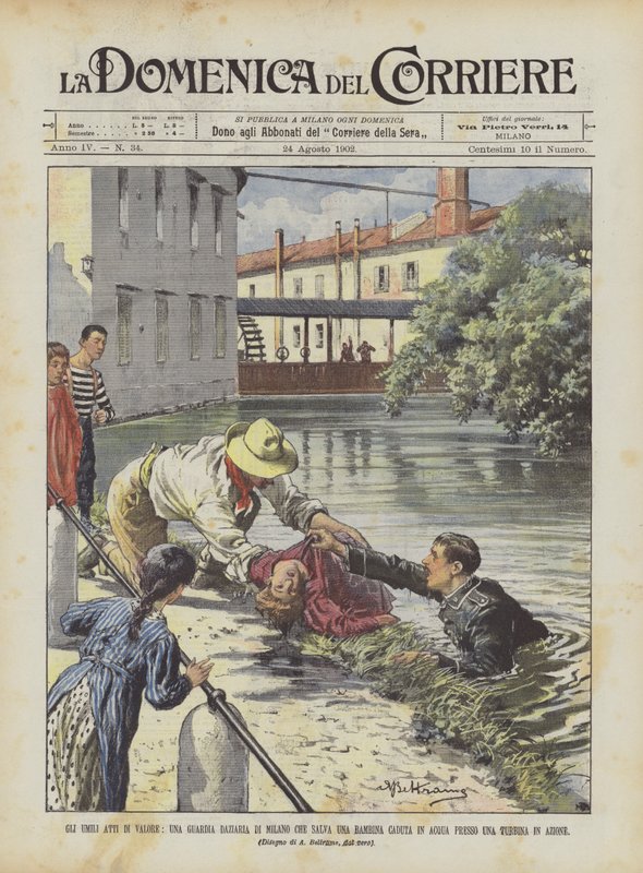 The Humble Acts of Valor, A Customs Guard in Milan Saving a Girl Who Fell into the Water by Achille Beltrame