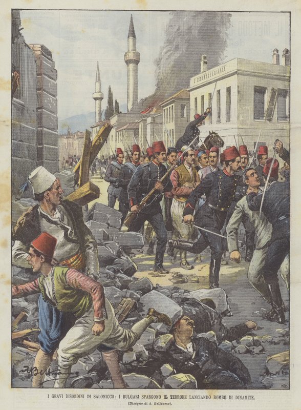 The Serious Disorders in Thessaloniki, The Bulgarians Spread Terror by Throwing Dynamite Bombs by Achille Beltrame