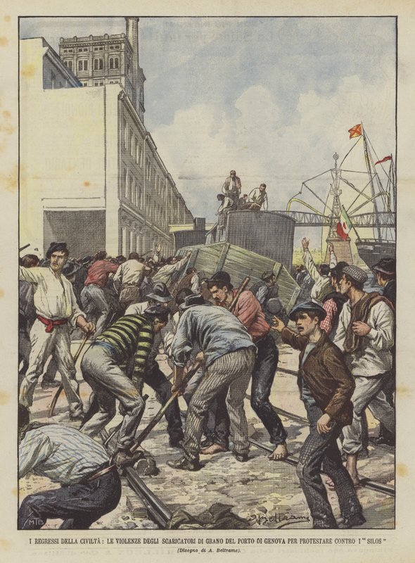 The Regressions of Civilization, the Violence of the Grain Dockers of the Port of Genoa to Protest Against the Silos by Achille Beltrame