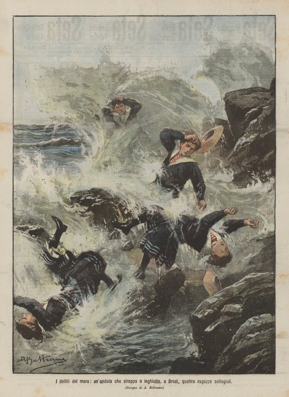 The crimes of the sea, a wave sweeps away and swallows four schoolgirls in Brest by Achille Beltrame