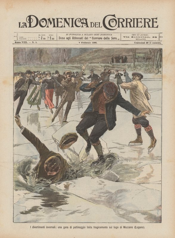 Winter Amusements, a Skating Race Ended Tragically on Lake Muzzano (Lugano) by Achille Beltrame