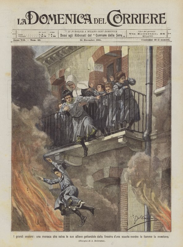 Great Heroism, a Nun Saving Her Students by Throwing Them from the Window of a School by Achille Beltrame