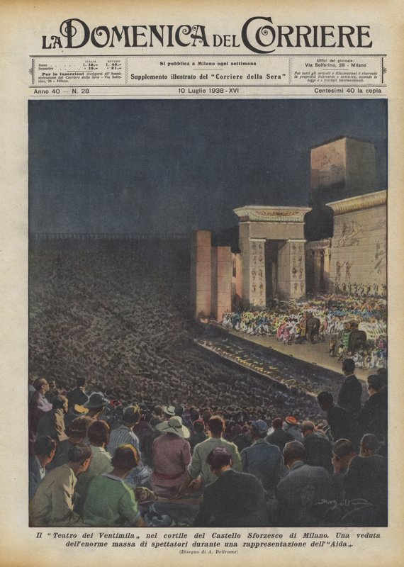 Das Theater der Zwanzigtausend im Hof des Castello Sforzesco in Mailand von Achille Beltrame