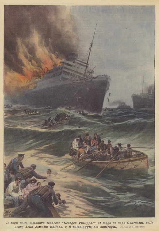 The Burning of the French Motor Ship Georges Philippar off Cape Guardafui by Achille Beltrame