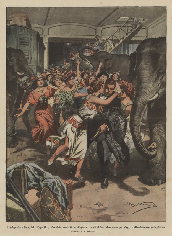 Telegraphist Bins of the Sunken Republic Forced to Take Refuge Among Circus Elephants by Achille Beltrame
