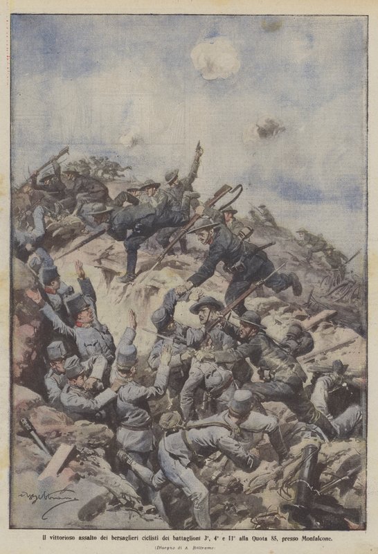 The victorious assault of the cyclist bersaglieri of the 3rd, 4th, and 11th battalions on Quota 85, near Monfalcone by Achille Beltrame