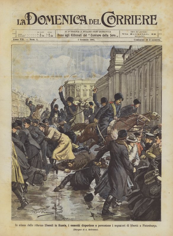 Awaiting liberal reforms in Russia, Cossacks disperse and beat freedom dreamers in St. Petersburg by Achille Beltrame