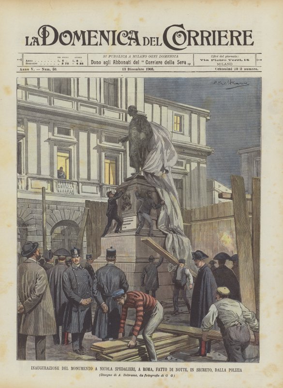 Inauguration of the Monument to Nicola Spedalieri, in Rome, Done at Night, in Secret, by the Police by Achille Beltrame