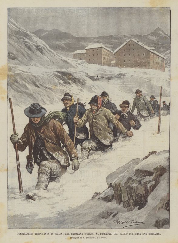 Temporary Emigration in Italy, A Caravan of Workers Crossing the Gran San Bernardo Pass by Achille Beltrame