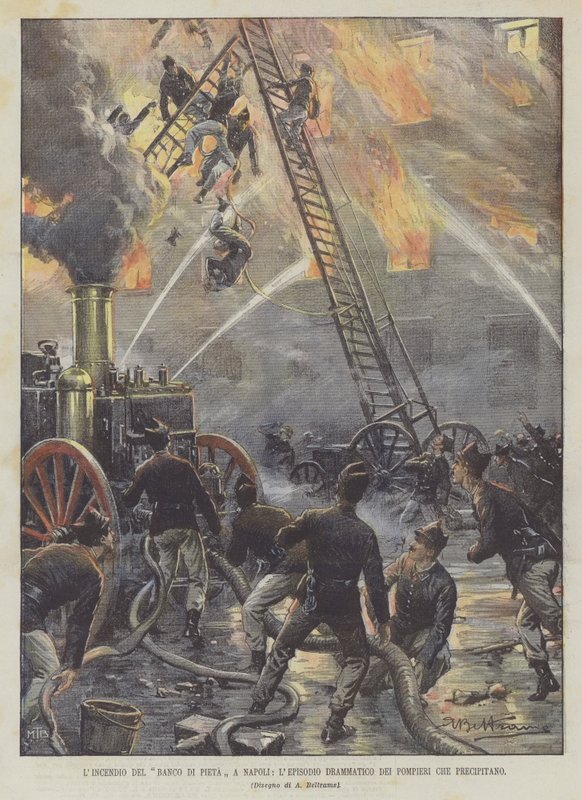 The Fire of the Banco di Pietà in Naples, The Dramatic Episode of the Firefighters Falling by Achille Beltrame