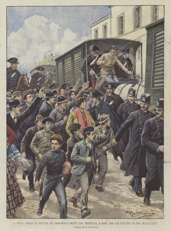 The Crowd Attacks the Vehicles of the Convicted Returning from the Court in Bari to Execute Justice on a Criminal by Achille Beltrame