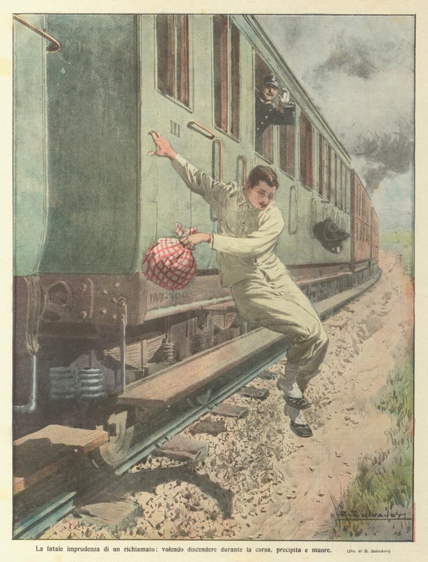 The Fatal Recklessness of a Recalled Soldier, Falls and Dies While Trying to Get Off During the Run by Achille Beltrame