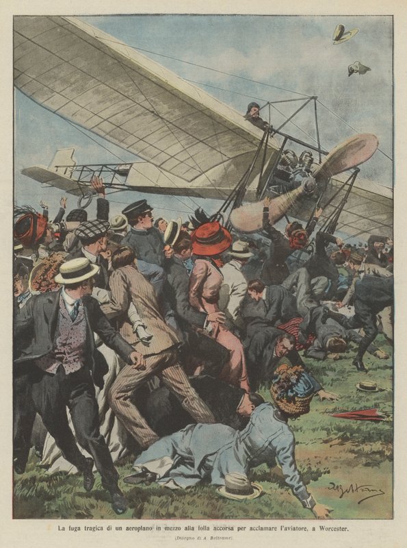 The tragic escape of an airplane into the crowd gathered to acclaim the aviator, in Worcester by Achille Beltrame