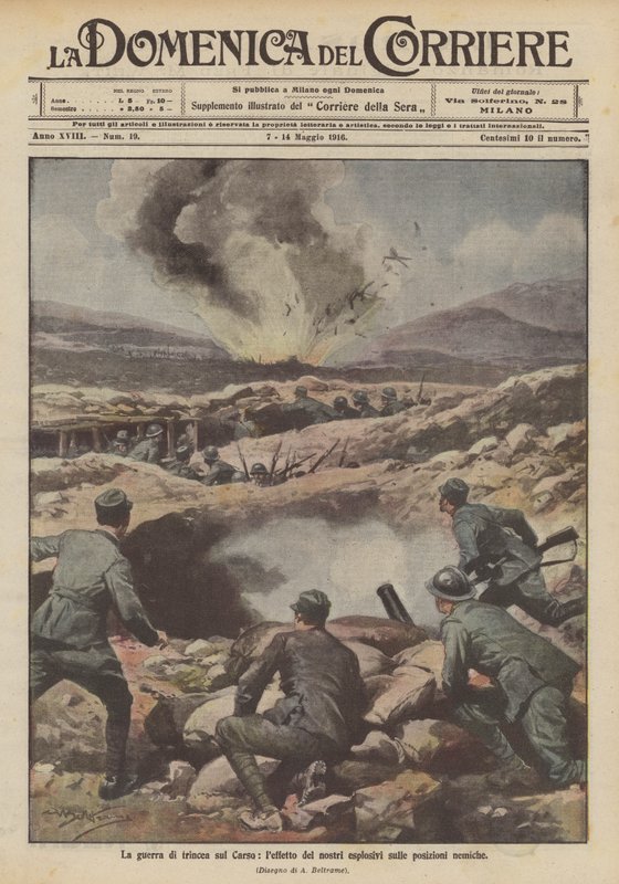 Trench warfare on the Carso, the effect of our explosives on enemy positions by Achille Beltrame