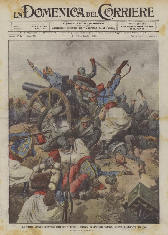The Fierce War, Furious Battle Between French Turcos and German Artillerymen Around Charleroi (Belgium) by Achille Beltrame