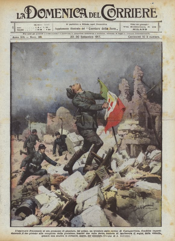Der Anwärter Franceschi hatte sich vorgenommen, als Erster eine Trikolore auf den Ruinen von Castagnevizza zu pflanzen von Achille Beltrame