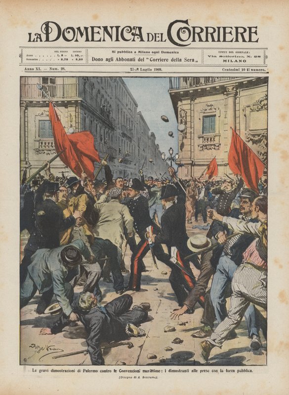 The serious demonstrations in Palermo against the maritime conventions, demonstrators clashing with the public force by Achille Beltrame