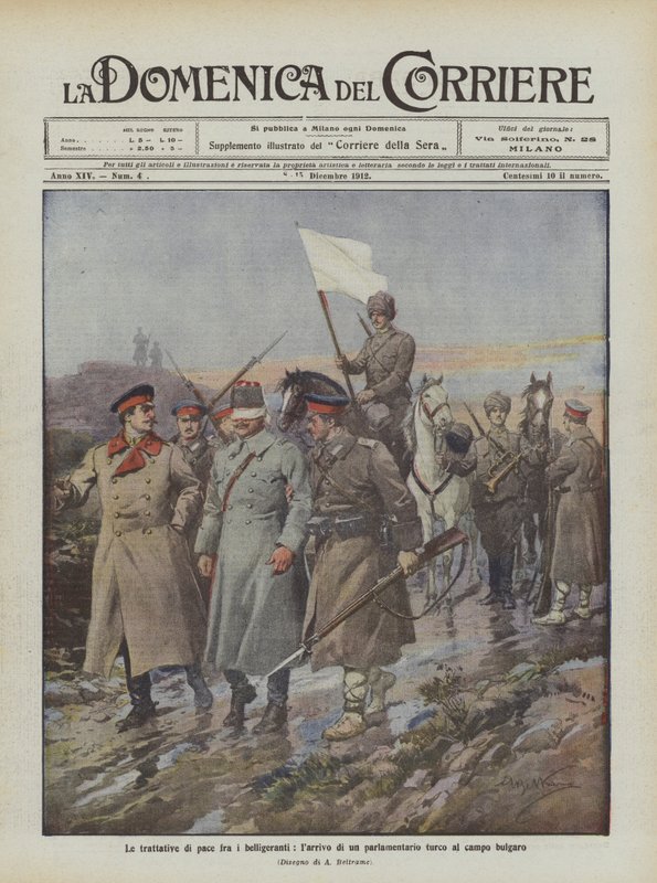 Peace negotiations between the belligerents, the arrival of a Turkish parliamentarian at the Bulgarian camp by Achille Beltrame