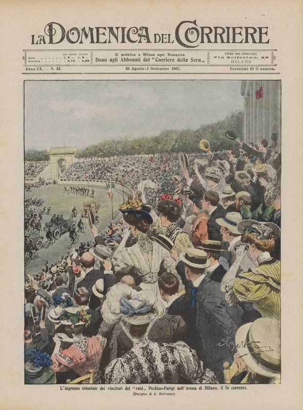 The Triumphal Entry of the Winners of the Beijing-Paris Raid into the Arena of Milan, on the 16th by Achille Beltrame