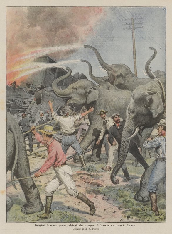 New Kind of Firefighters, Elephants Extinguishing a Fire on a Burning Train by Achille Beltrame