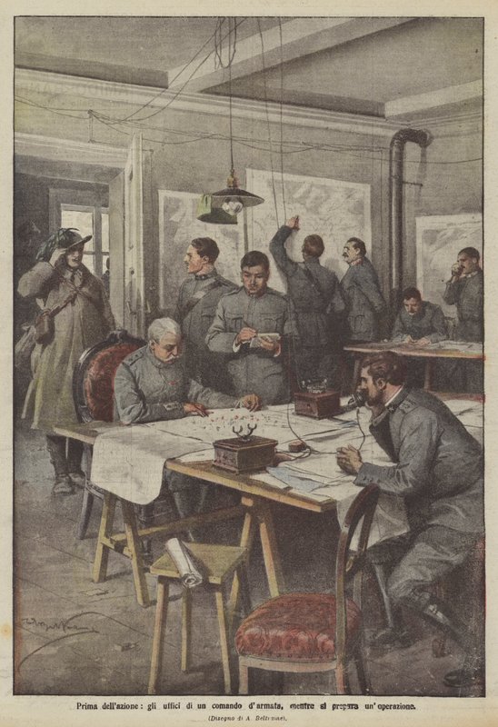 Before the action, the offices of an army command preparing an operation by Achille Beltrame