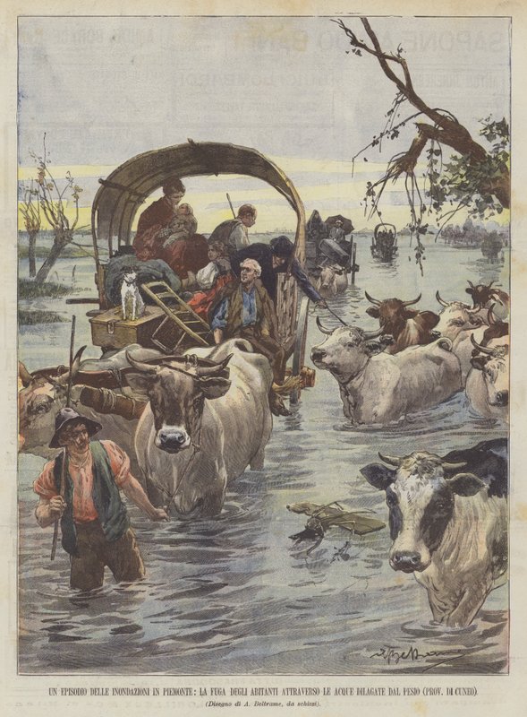 An Episode of the Floods in Piedmont, the Escape of the Inhabitants Through the Flooded Waters by Achille Beltrame