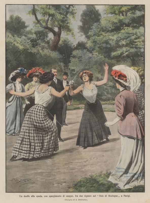 A duel with swords, with bloodshed, between two ladies in the Bois de Boulogne in Paris by Achille Beltrame