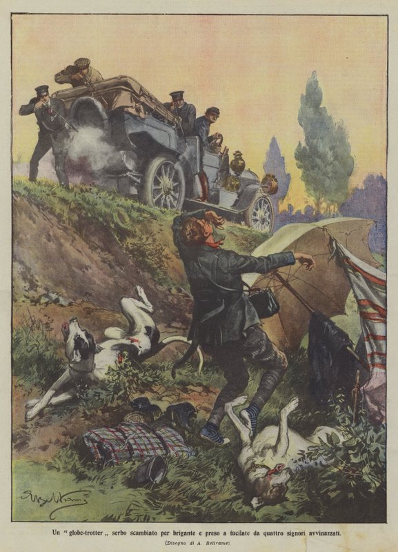 A Serbian Globe-Trotter Mistaken for a Brigand and Shot by Four Drunken Gentlemen by Achille Beltrame